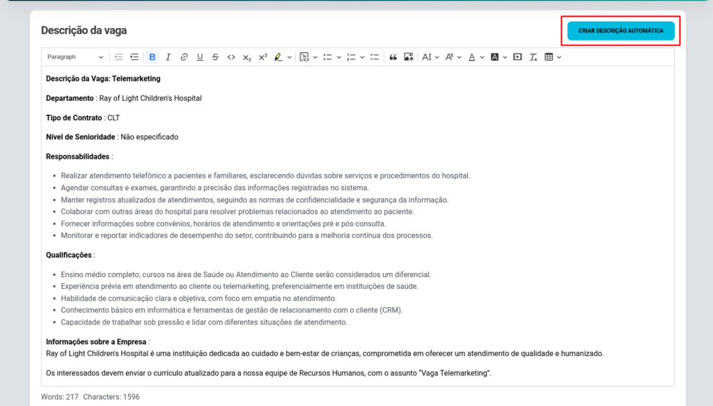 Interface de criação de descrição de vaga com inteligência artificial