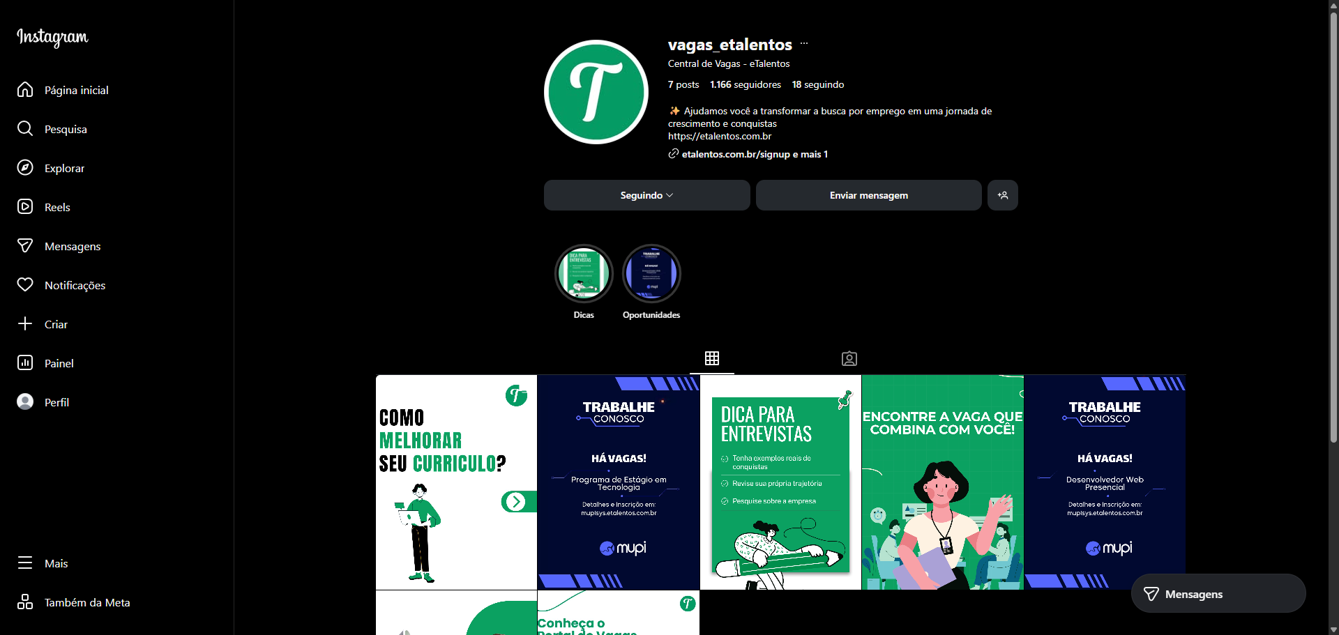 Tela do portal de vagas eTalentos mostrando funcionalidades para clientes